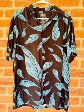 Super Massive Men’s Black Button-Down Shirt with Teal Leaf Print
